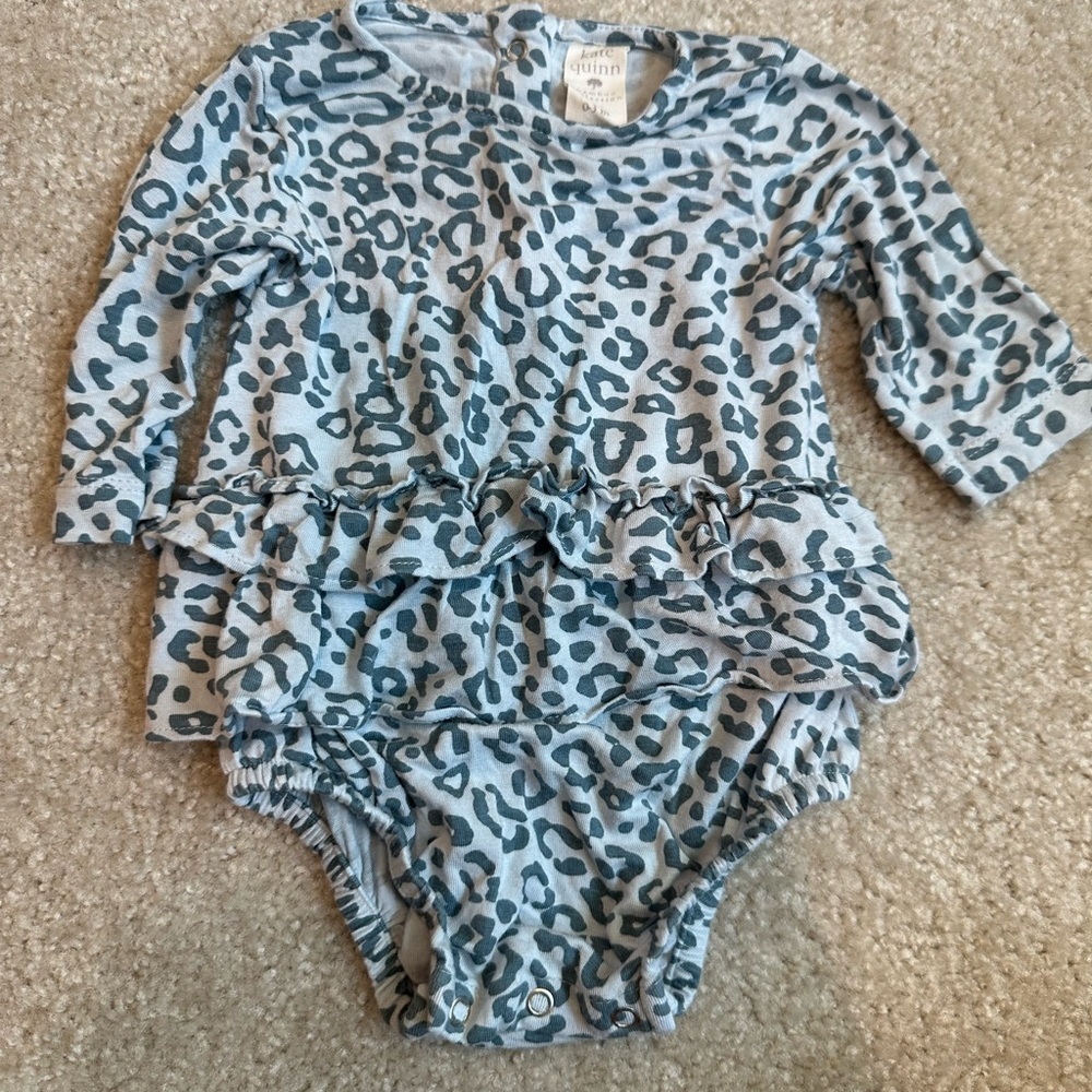 Kate Quinn Blue and Gray Leopard Bodysuit with Ruffle Detail